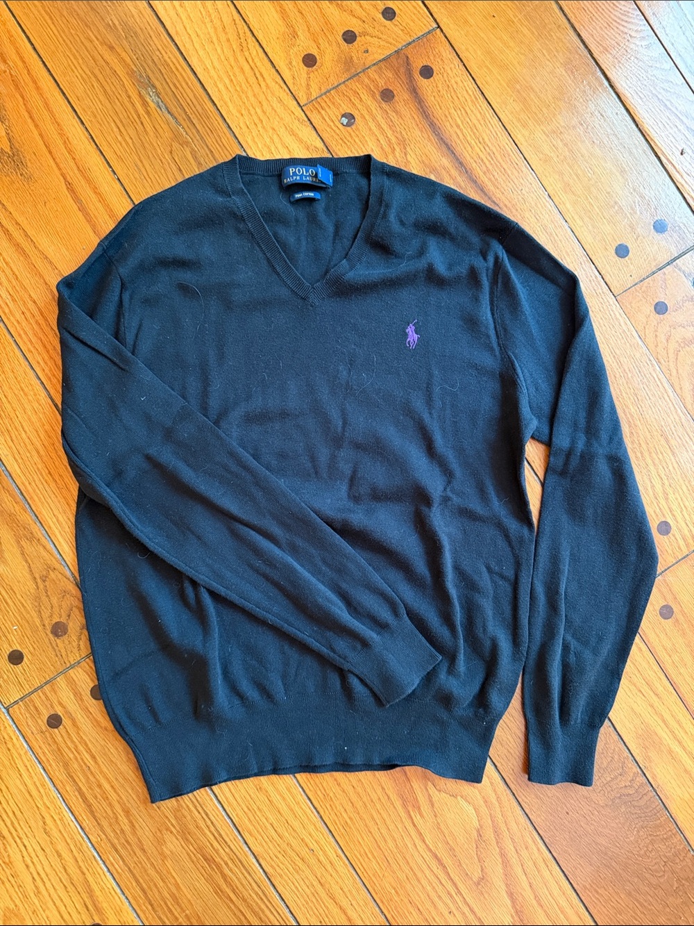 Polo by Ralph Lauren Black V-Neck Sweater with Purple Pony
